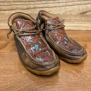 Twisted X Women Chukka Driving Moccasin Brown Turquoise Hand Tooled